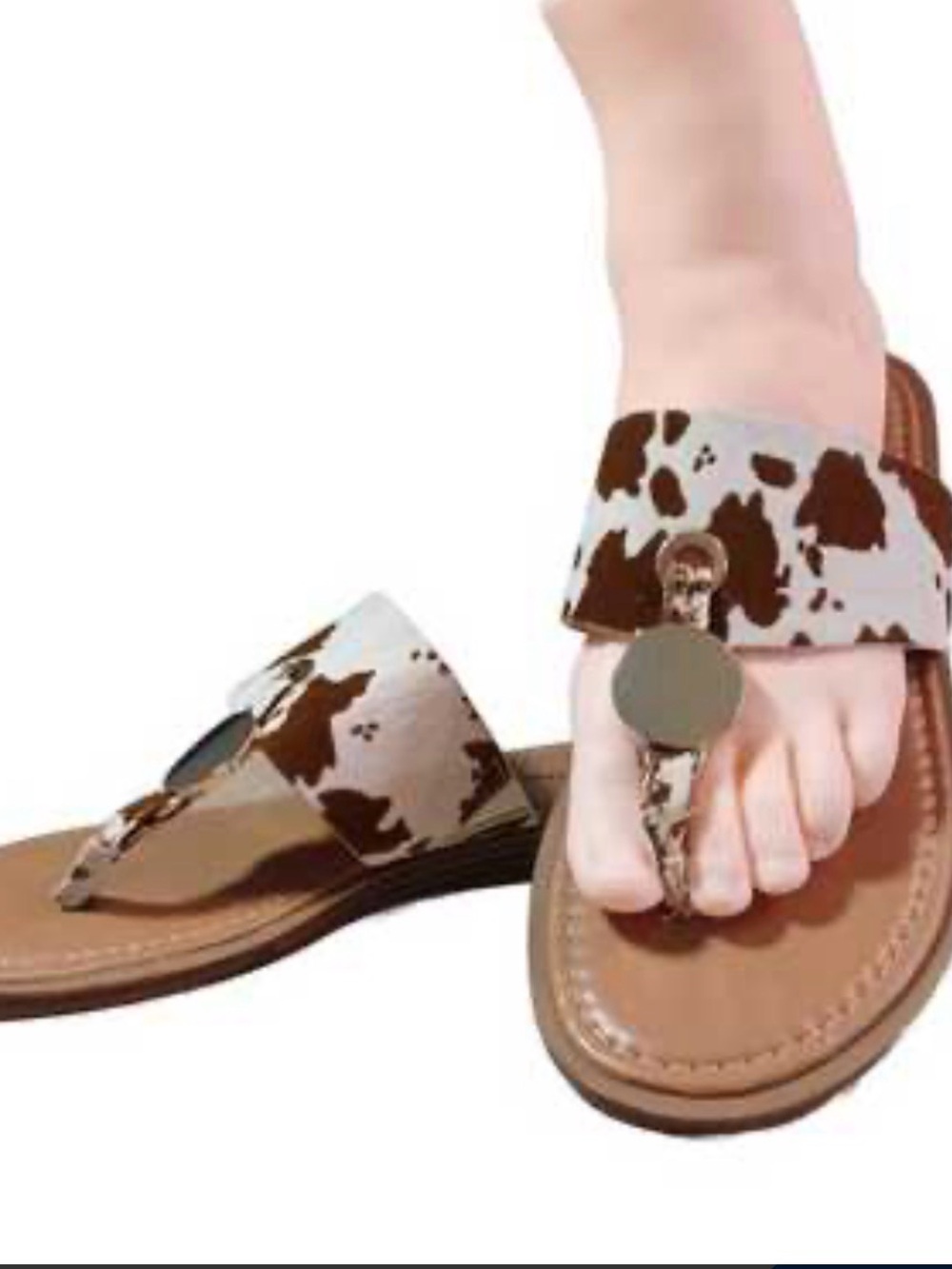 Pierre Dumas Black & White Cow-Print Toe-Post Sandals. Size 10